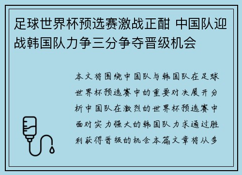 足球世界杯预选赛激战正酣 中国队迎战韩国队力争三分争夺晋级机会